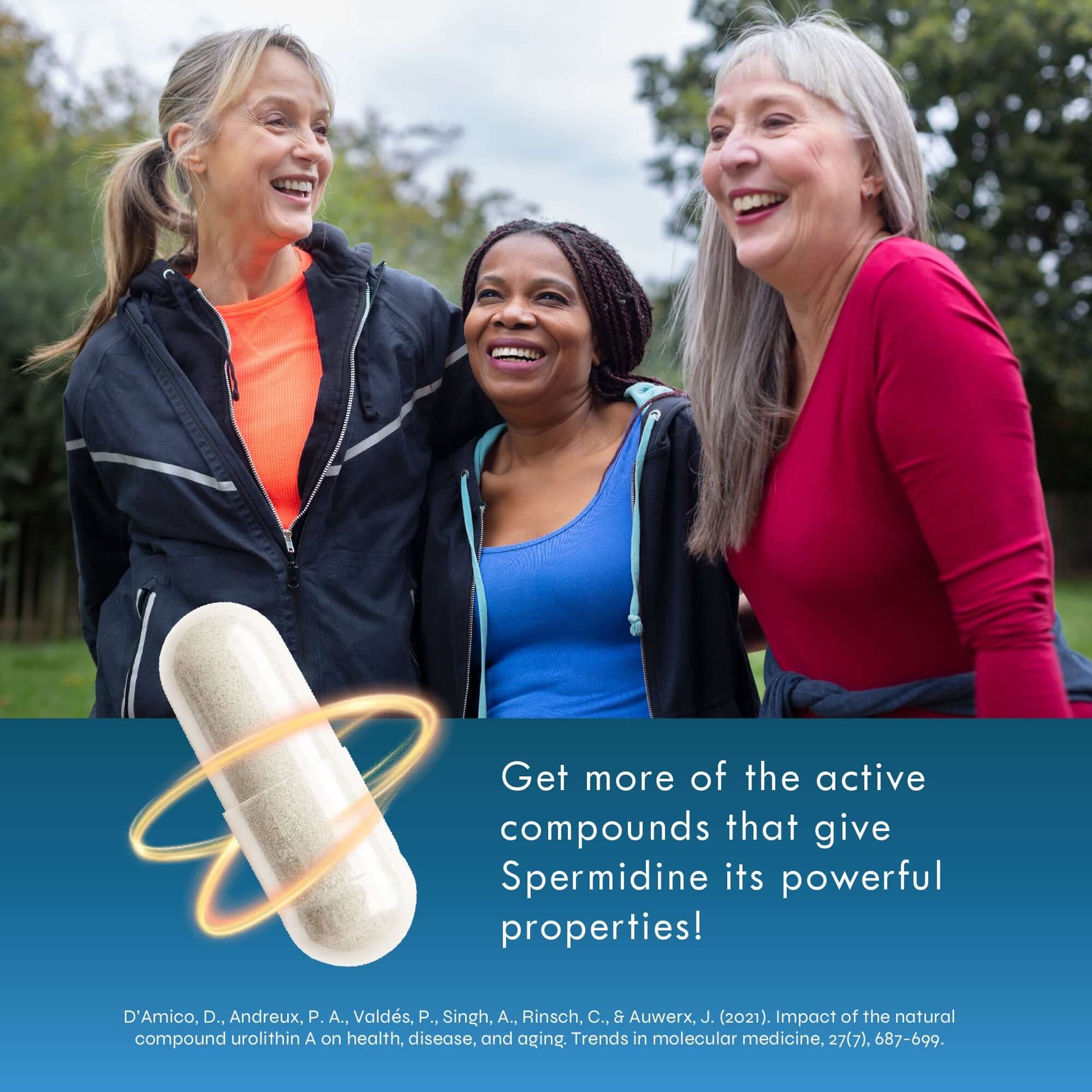 Three matured women smiling outdoors, representing cellular health benefits of Liposomal Spermidine